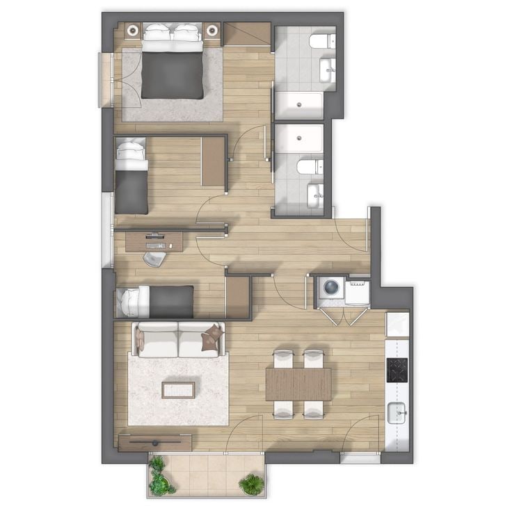 Plan 2D meublé et coloré d’un appartement : chambres, salles de bain, séjour ouvert sur la cuisine et balcon