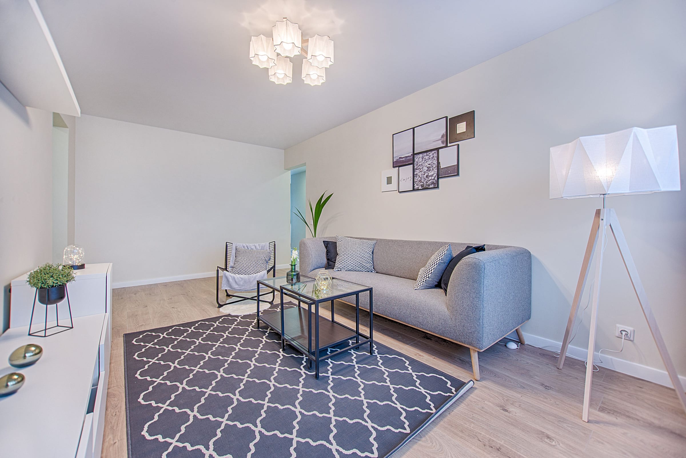 Petit séjour lumineux avec canapé gris, lampadaire trépied et tapis à motifs