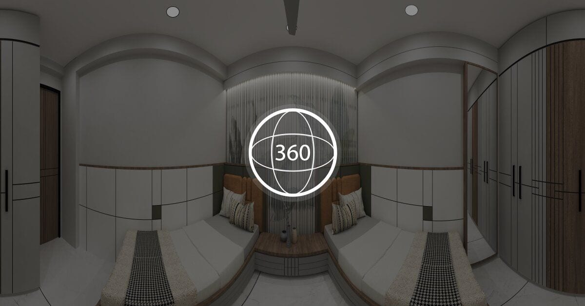 Panorama 360° d’une chambre, tel qu’on le parcourt dans une visite virtuelle