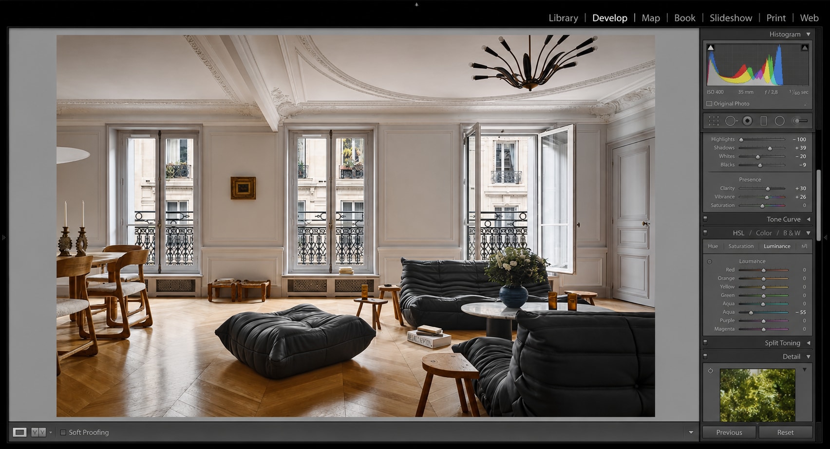 Retouche HDR en cours sur un séjour haussmannien : histogramme et hautes lumières ramenées pour ne pas brûler les fenêtres